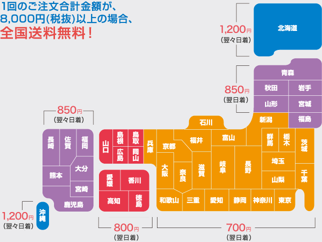 1回のご注文合計金額が、8,000円(税抜)以上の場合、全国送料無料!