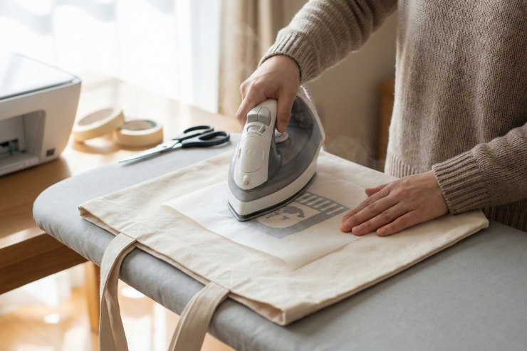 自宅でアイロンプリントを使ってトートバッグを作っている日本人女性の手元