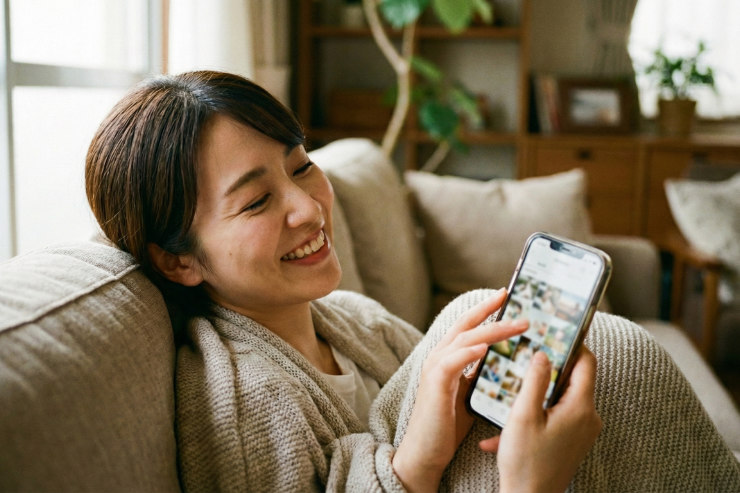 スマートフォンで子供の写真を選んでいる日本人女性