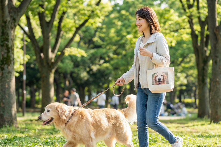 公園で愛犬の散歩中に写真入りミニトートバッグを持つ日本人女性