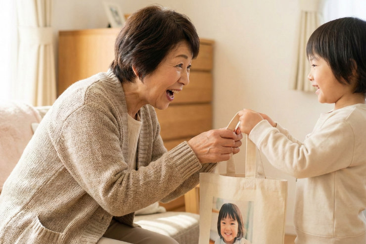 孫から写真入りトートバッグをプレゼントされて喜ぶ日本人の祖母