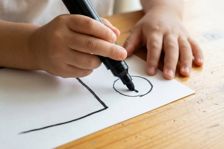 白い紙に黒い太いマーカーで一生懸命絵を描いている日本人の子供の手元