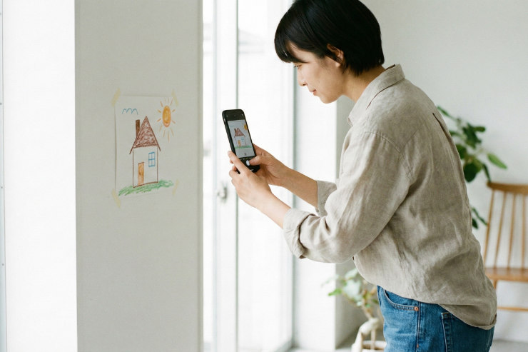 壁に貼った子供の絵をスマートフォンで撮影している日本人女性