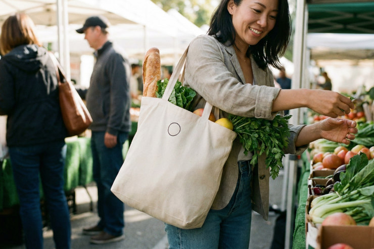 荷物がたくさん入って底が丸くなったトートバッグを持つ日本人女性
