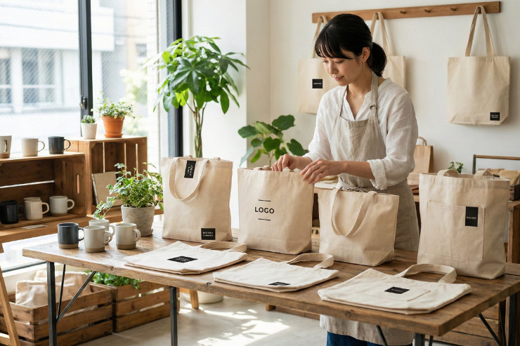 展示会やポップアップストアで、きれいに陳列されたオリジナルトートバッグ