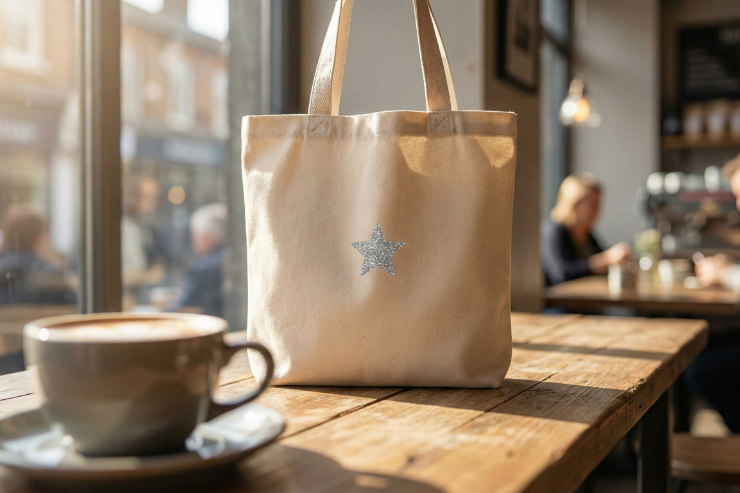 カフェのテーブルに置かれた、シンプルなワンポイントのラメプリント入りトートバッグ