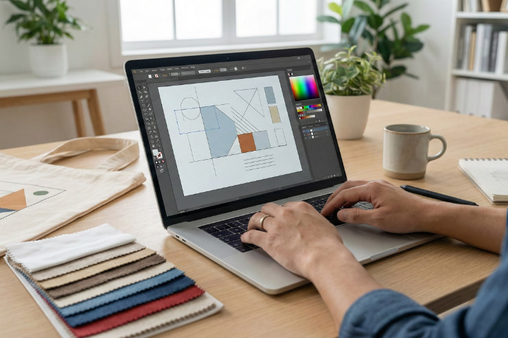デザイン作業中の日本人デザイナーの手元、PC画面と色見本