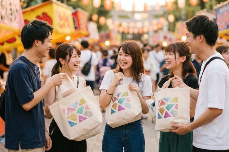 イベント会場で楽しそうにラメ入りトートバッグを持つ日本人グループ