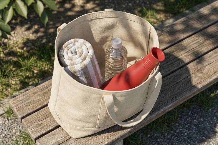 ベンチの上に置かれたトートバッグと、そこから見える応援グッズ（タオル、メガホン、水筒）