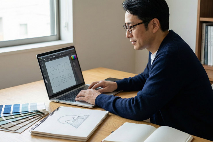 ノートパソコンでロゴデザインを検討している日本の担当者（マネージャーまたは先生）