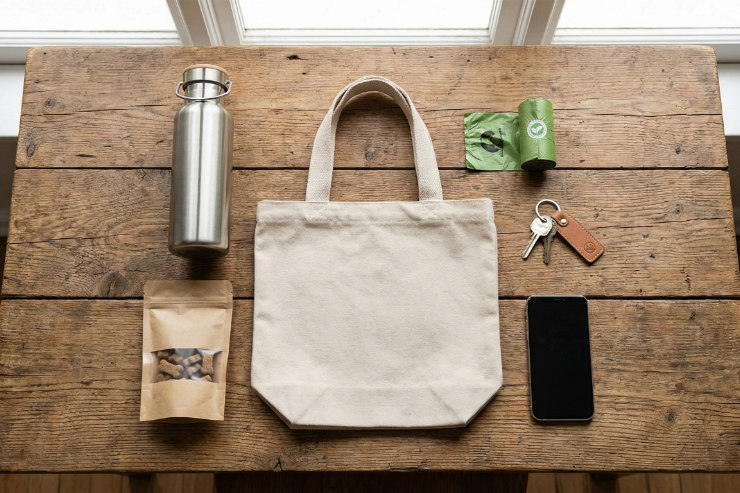 お散歩バッグの中身（水筒、おやつ、マナー袋など）をきれいに並べたフラットレイ（置き画）