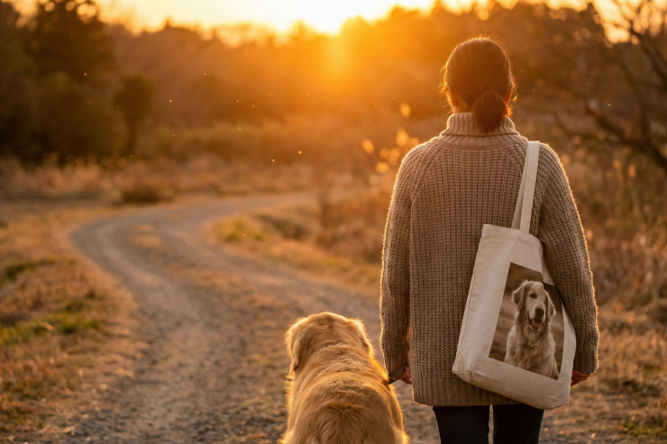 夕暮れ時の散歩道、飼い主と犬の後ろ姿、バッグが揺れている