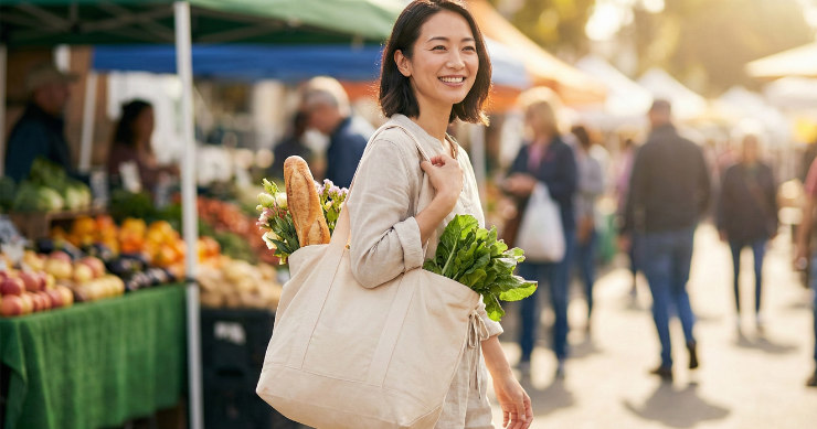屋外のマルシェで、野菜やパンが入ったマルシェバッグを肩にかける日本人女性