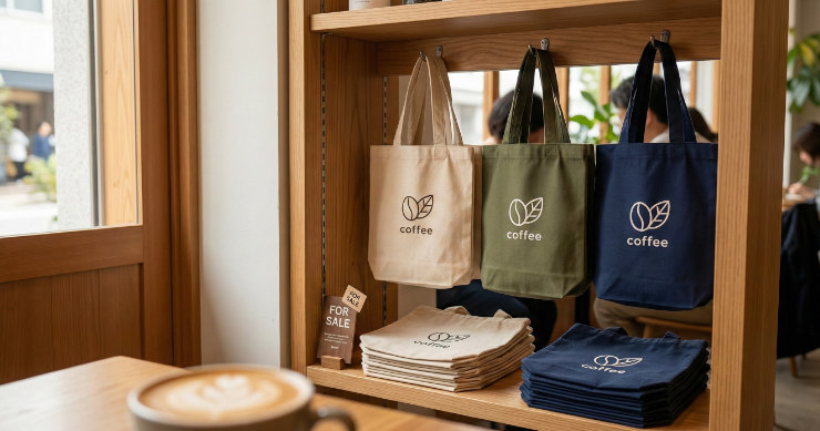 カフェのグッズコーナーにディスプレイされた、色違いのオリジナルエコバッグ