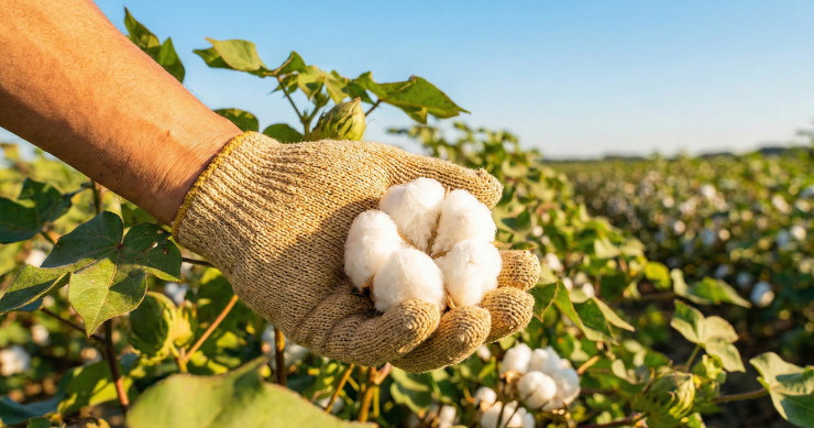 広大なオーガニックコットン畑で、綿花の状態を確認する生産者の手元