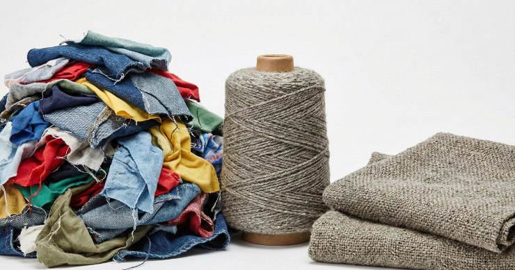 裁断された布の端材（ハギレ）と、そこから再生された糸や製品のコンセプトイメージ