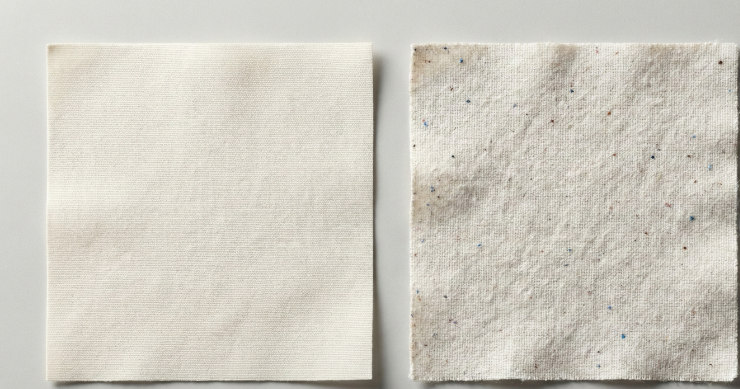 「オーガニックコットン（左）」と「リサイクルコットン（右）」の生地質感を比較するフラットレイ画像