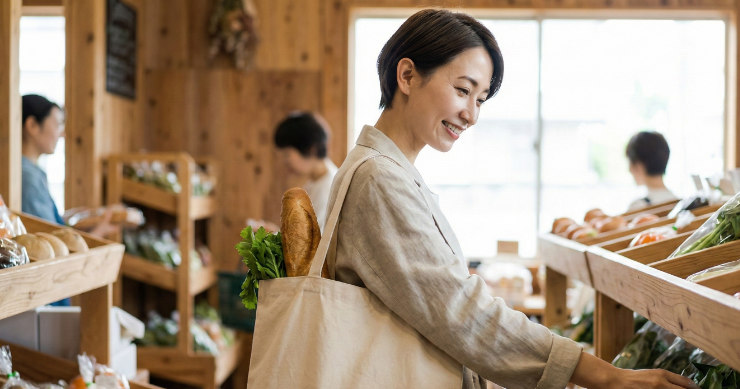 ライフスタイルに馴染む、おしゃれなオーガニックコットンのトートバッグを持つ日本人女性