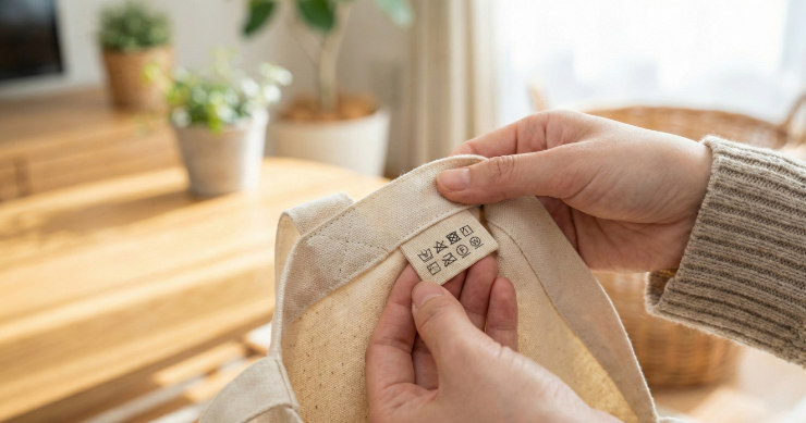 トートバッグの内側にある洗濯表示タグを確認している日本人女性の手元