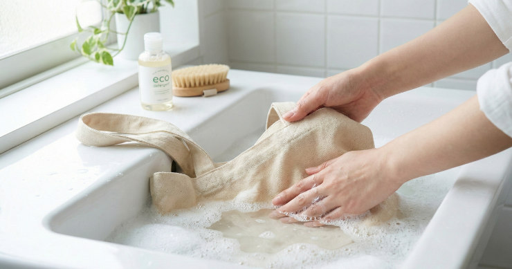 洗面器の中で、たっぷりの泡を使って優しくトートバッグを押し洗いするシーン