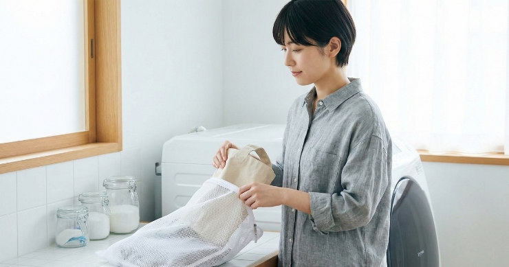 トートバッグを洗濯ネットに入れて、洗濯機に入れようとしている様子