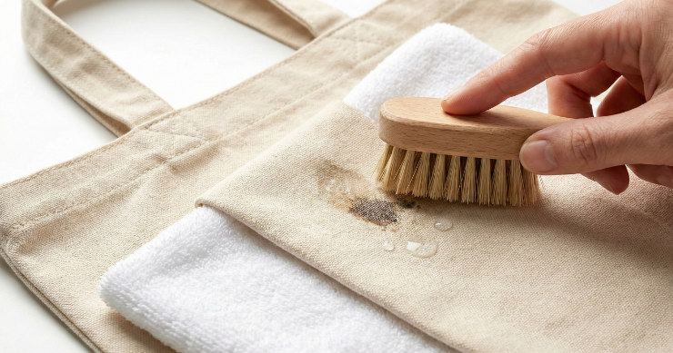 タオルを敷き、ブラシや布でトントンと叩いてシミ抜きをしている手元のクローズアップ