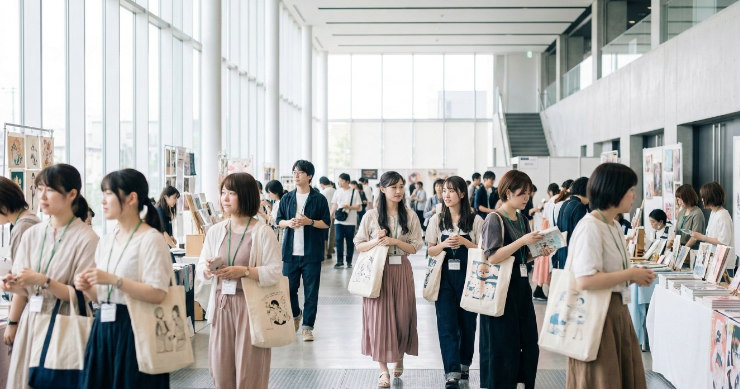 コミケ会場でトートバッグを持つクリエイターたち