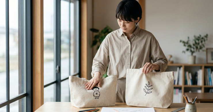 トートバッグの生地厚を触って確認する様子