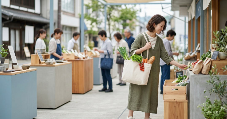繰り返し使えるトートバッグを持つ人