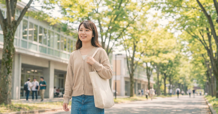 キャンバストートバッグを肩にかけて通学する日本の女子大生