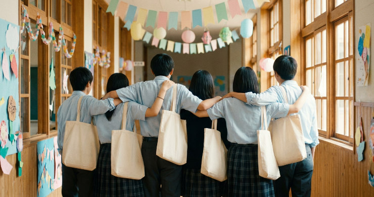 学園祭でお揃いのトートバッグを持ち、肩を組む高校生たちの後ろ姿