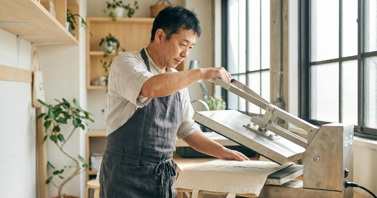 アトリエで熱プレス機を使ってトートバッグにプリントを圧着する日本人男性