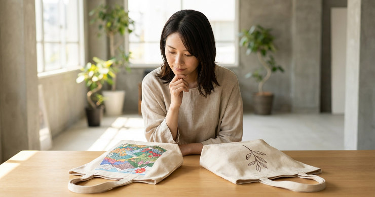 フルカラーと1色プリントの2種類のトートバッグを比較している様子