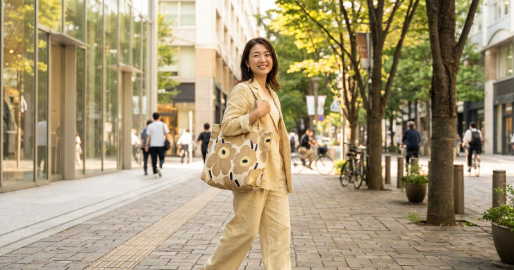 綺麗にプリントされたオリジナルトートバッグを肩にかけて街を歩く女性