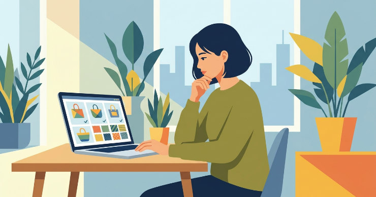 パソコンでトートバッグのオーダーを考えている日本人女性のイラスト