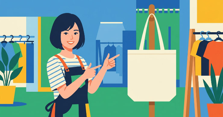 トートバッグの構造を説明している日本人のアパレル店員のイラスト