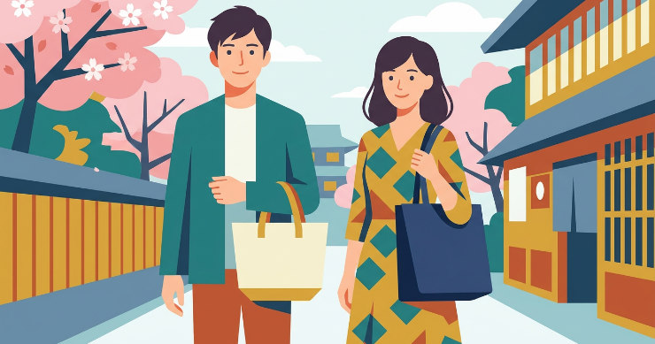 短い持ち手と長い持ち手のトートバッグを比較する日本人男女のイラスト
