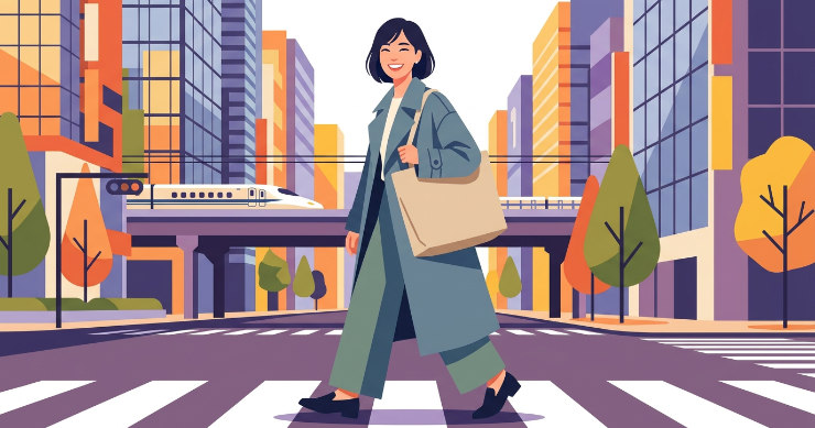用途に合ったトートバッグを持って街を歩く日本人女性のイラスト