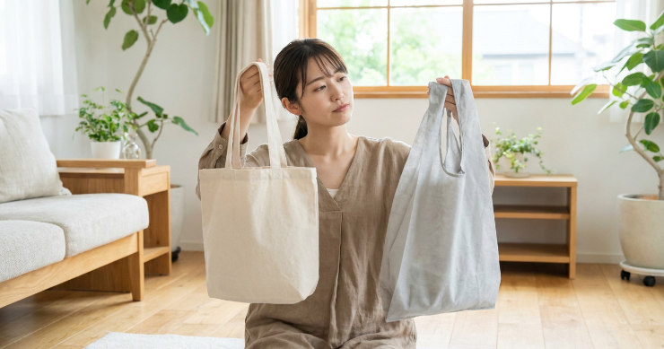 部屋で厚手と薄手のトートバッグを見比べる日本人女性