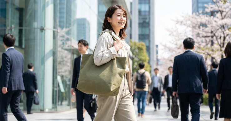 通勤用トートバッグを持って現代的な街を歩く日本人女性