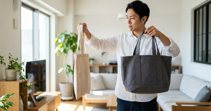 部屋で平底のバッグと船底のバッグを見比べる日本人男性