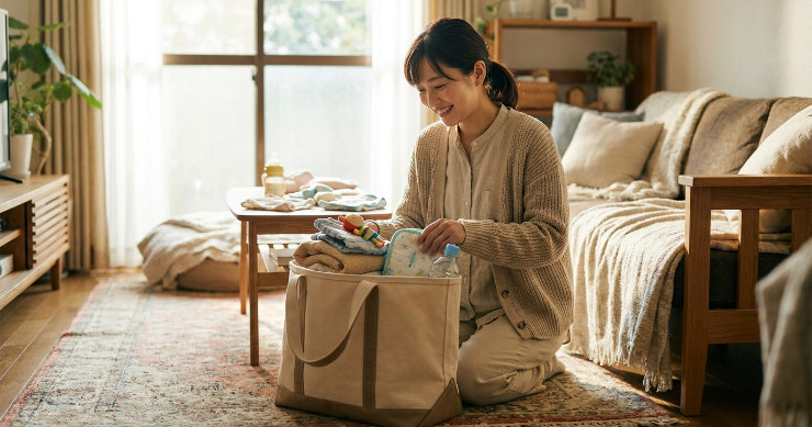 船底トートバッグにたっぷりの荷物を収納している日本人の母親