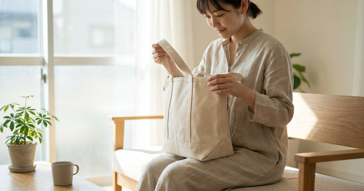 トートバッグの素材や持ち手の長さを確認している日本人女性