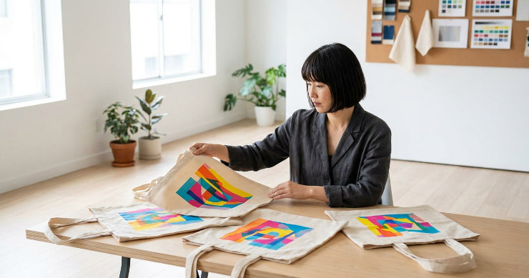 多色ロゴが印刷されたトートバッグを確認する日本人女性