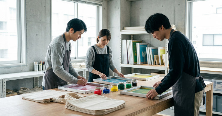 色ごとの版を並べて確認するデザイナーと印刷スタッフ