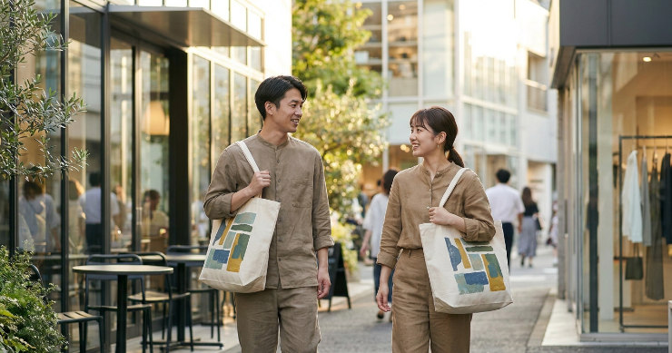 多色デザインのトートバッグを持つ日本人スタッフのブランド風景