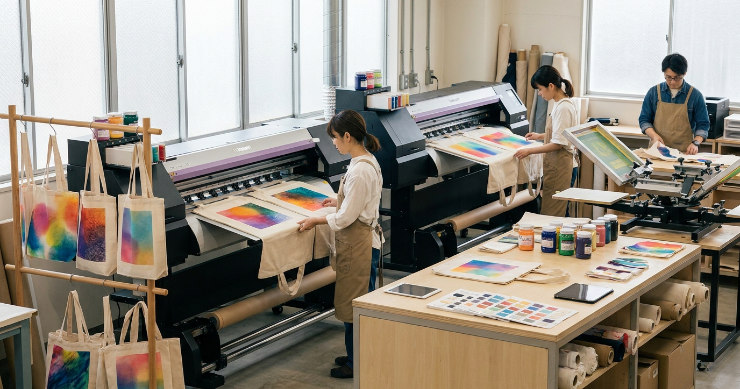 フルカラー印刷されたトートバッグを制作する日本人スタッフ