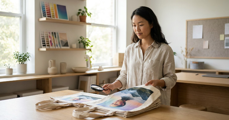 写真作品を印刷したトートバッグを確認する女性デザイナー
