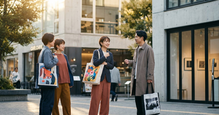 フルカラー印刷トートバッグを持つ日本人クリエイターたち