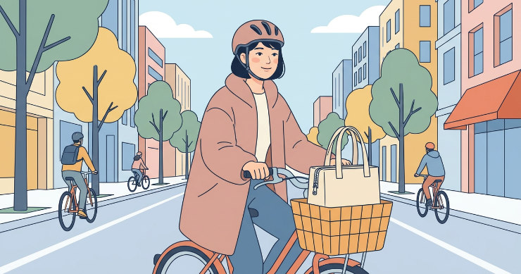 自転車のカゴにファスナー付きトートバッグを入れて移動する様子